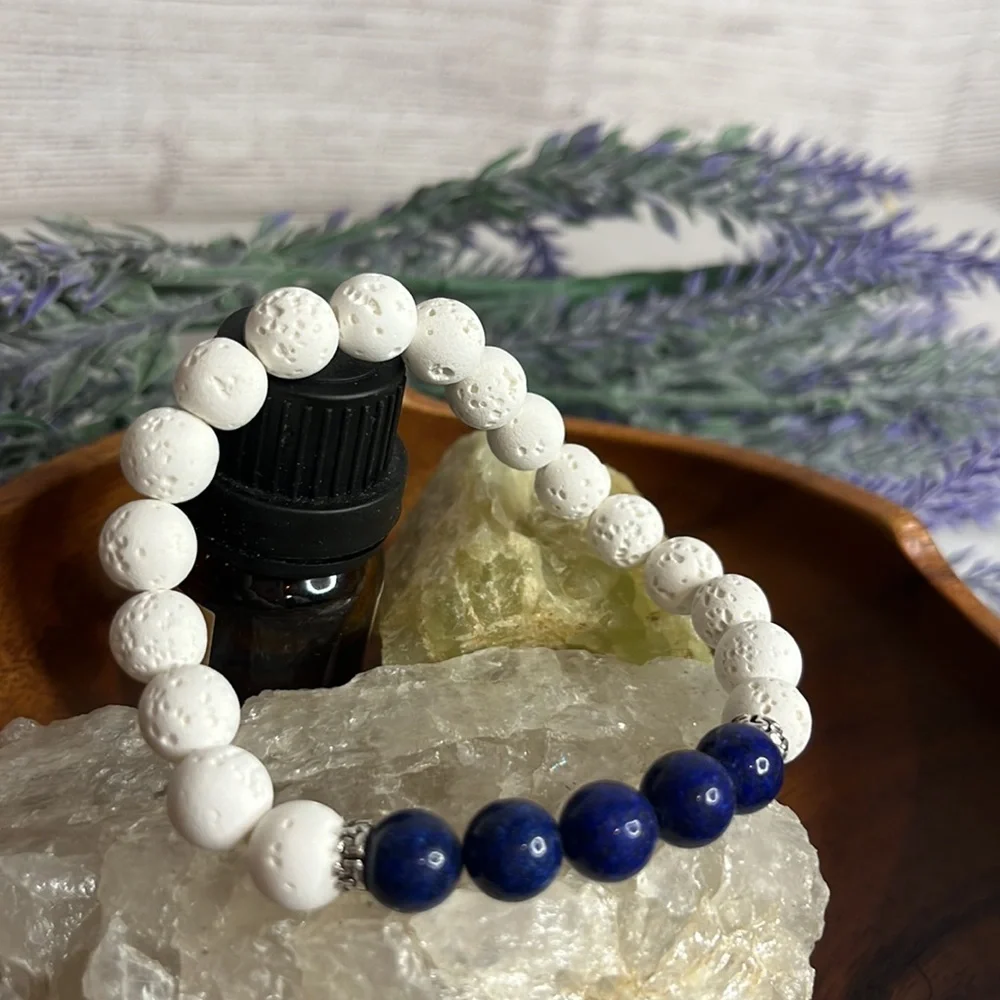 NEW Blue Lapis Essential Oil Diffuser Bracelet White Natural Lava stone